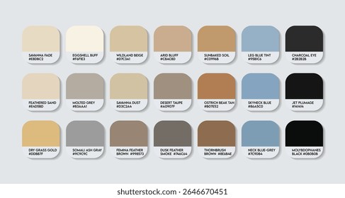 Paleta de Cores Struthio molybdophanes. Gráfico de amostra de tom de cor de avestruz somali com códigos HEX e nomes de cores. Somali avestruz Pena e cores do corpo tons variantes. Vetor de paleta de cores de Tendência de Moda