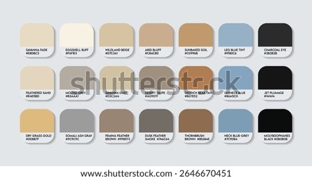 Struthio molybdophanes Color Palette. Somali Ostrich color Tone Swatch Chart with HEX Codes and Color Names. Somali Ostrich Feather and Body Colors Tones Variants. Fashion Trend color palette Vector