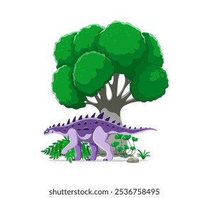 Struthiosaurus prehistoric dinosaur cartoon character walking beneath a large, lush tree. Isolated vector ancient herbivorous reptile, spiked purple animal in natural landscape of Late Cretaceous era