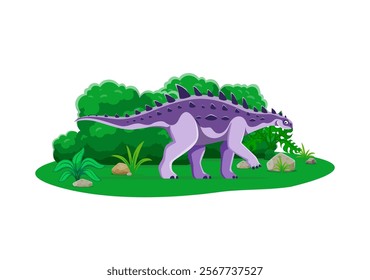 Struthiosaurus prehistoric dinosaur character Isolated cartoon vector ancient herbivorous reptile animal in natural landscape with plants and rock. Late Cretaceous era lizard of paleontology science