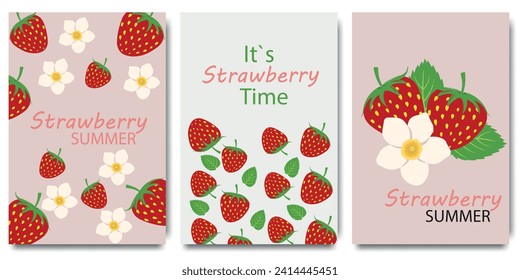 Struwberry summer. Creative summer concept with strawberry. Summer design for social media posts, cards, brochures, flyers, and advertising poster templates. Vector illustration.