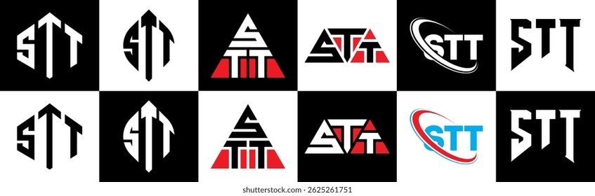STT letter logo design in six style. STT polygon, circle, triangle, hexagon, flat and simple style with black and white color variation letter logo set in one artboard. STT minimalist and classic logo