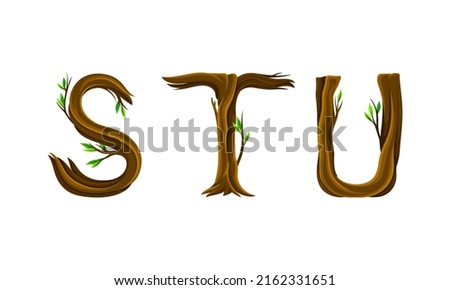 S,T,U letters made of branches and leaves. Eco english alphabet font vector illustration