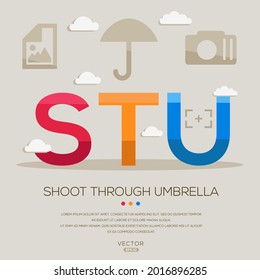 STU significa (disparar a través del paraguas) abreviaturas fotográficas, letras e íconos, ilustración vectorial.