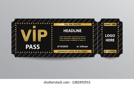  Stub black VIP admission ticket template with golden glittering VIP sign.