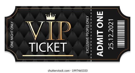 Stub black VIP admission ticket template with golden glittering VIP sign.