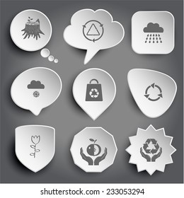 stub, recycle symbol, rain, snowfall, bag, tulip, apple in hands, protection nature. White vector buttons on gray.