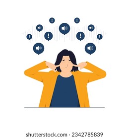 Stubborn annoyed woman sticking plug fingers in ears not listening to loud noise sound, frustrated depressed, Noisy, stressful concept illustration