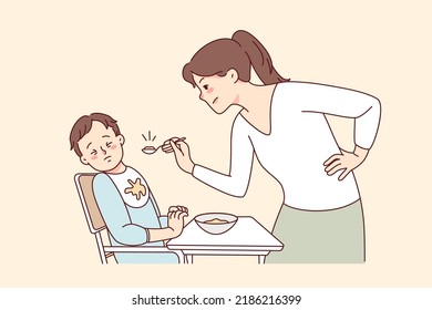 Stubborn Baby Refuse Eating Food. Mother Feed Ill-behaved Toddler At Home. Parenthood And Children Upbringing Problems. Vector Illustration. 