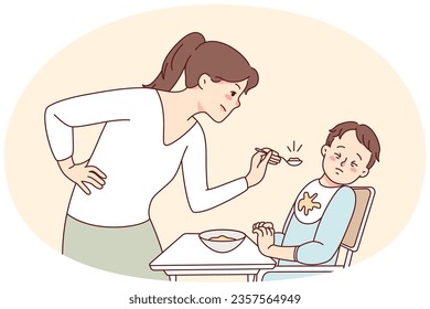 Stubborn baby refuse eating food. Mother feed ill-behaved toddler at home. Parenthood and children upbringing problems. Vector illustration.