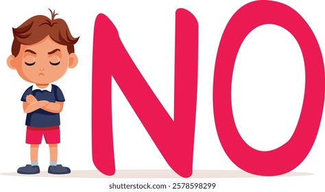 Stubborn Boy Saying No Vector Cartoon Character. Sad unhappy toddler child acting defiant and cheeky 
 
