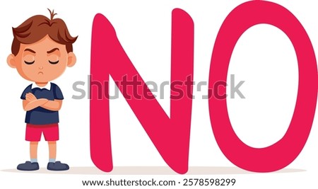 Stubborn Boy Saying No Vector Cartoon Character. Sad unhappy toddler child acting defiant and cheeky 
 
