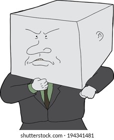 Stubborn business person with block head cartoon