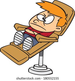 stubborn cartoon boy in a dentists chair
