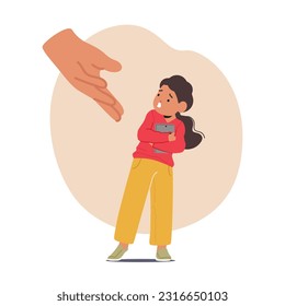 Stubborn Child With Gadget Addiction Adamantly Holds Onto Smartphone, Defying Parent's Request To Hand It Over, Reflecting Dependency And Resistance To Detachment. Cartoon People Vector Illustration