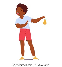 Stubborn Child Rejects Eating Pear, Scrunching Up Face In Disgust. Little Black Boy Character Dont Want to Eat Healthy Food Isolated on White Background. Cartoon People Vector Illustration