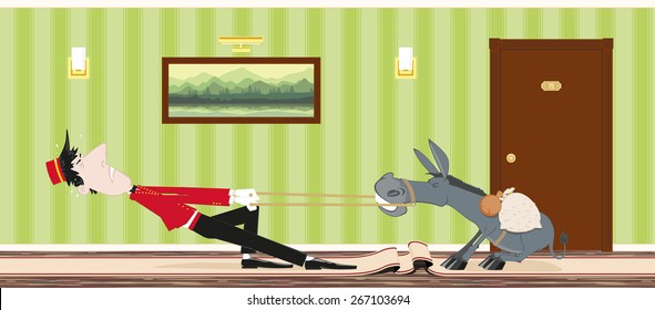 Stubborn donkey does not want to go for a porter at the hotel. 