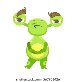 Stubborn Funny Monster Standing With Arms Crossed, Green Alien Emoji Cartoon Character Sticker