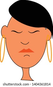 A stubborn lady with black hair wearing large golden loop earrings, vector, color drawing or illustration. 