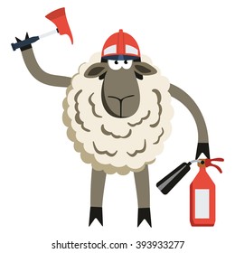 Stubborn Lamb Fireman. Sheep professional character. Vector illustration of stubborn fire fighter isolated on white.