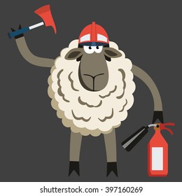 Stubborn Lamb Fireman. Sheep professional character. Vector illustration of stubborn fire fighter isolated on dark.