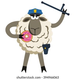 Stubborn Lamb Policeman with Donut. Sheep professional character. Vector illustration of stubborn police isolated on white.