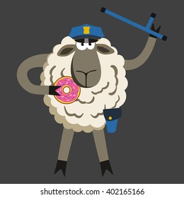 Stubborn Lamb Policeman with Donut. Sheep professional character. Vector illustration of stubborn police isolated on black background.