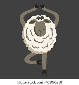 Stubborn Lamb in Yoga Tree Pose. Sheep character. Vector illustration of stubborn sheep doing yoga tree-pose on gray background