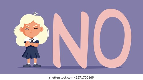 
Stubborn Naughty Girl Saying No Vector Cartoon Character. Sad unhappy toddler child acting defiant and cheeky 
