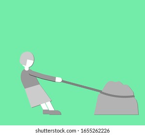 The stubborn old lady is dragging a large heavy stone. A strong, determined, powerful woman.  Symbolic easy style vector Illustration.