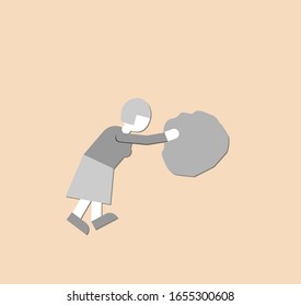 The stubborn old lady struggles with pushing a heavy stone up the hill. Powerful woman. Sisyphus work Symbolic easy style vector Illustration.