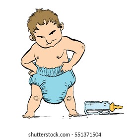 Stubborn toddler in diapers, cartoon style vector illustration