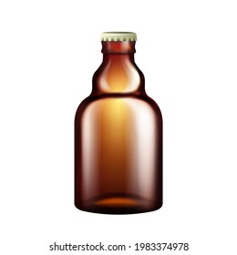 Stubby Bottle Of Beer Or Mineral Water Vector. Blank Brown Glass Closed With Metallic Cap Stubby Bottle Of Alcoholic Drink. Transparency Container Template Realistic 3d Illustration