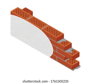 Stucco brick wall with cement mortar. New brick wall with white plaster. Brickwork isometric vector icon for industrial design. Isolated on white background. 3D. Vector illustration.