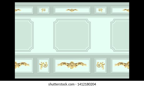 stucco gold floral pattern on light wall panel moulding seamless. Realistic detailed Vector illustration.