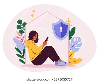 Stuck in comfort zone concept. Woman with smartphone sitting in home silhouette at padlock. Mental issues and psychological problems. Cartoon flat vector illustration isolated on white background