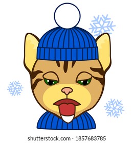 stuck emoticon with hanging frozen tongue, simplistic facial expression vector illustration, cat cartoon character, simple hand drawn line icon from a set