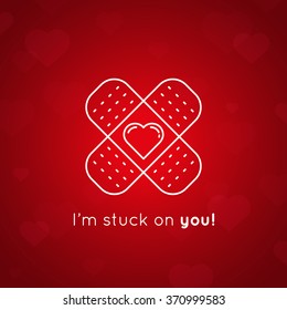 I'm stuck you message    concept romantic Valentines Day love card  White line drawing plaster bandaid and heart red background  Vector illustration 