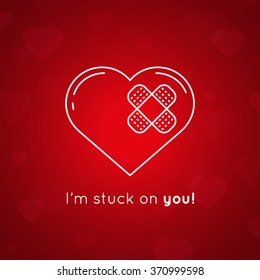 I'm stuck you message    concept Valentines Day card  White line drawing heart and plaster red background  Vector illustration 