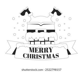 Stuck Santa upside down chimney greeting Merry Christmas black and white 2D illustration concept. Humorous santaclaus greetingcard outline postcard isolated. Funny Xmas metaphor monochrome vector art