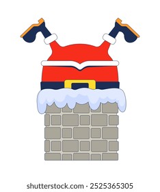 Stuck Santa upside down chimney 2D cartoon character. St Nicholas caught. Christmas eve. Humorous trapped Santaclaus isolated personage flat vector on white background. Spot illustration colorful