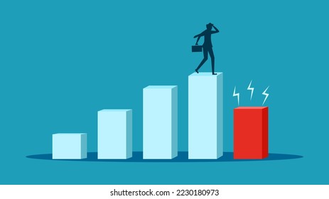 Stuck in the stock market. Business crisis. Businessman standing on falling bar graph