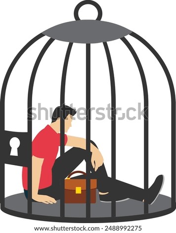 Stuck or trapped, anxiety or depression, solitude and loneliness, fixed mindset or mental health problem, fear of escaping concept, depressed woman locking herself sitting in a birdcage.