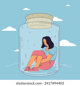 Stuck or trapped, metal problem, anxiety or depression, solitude or loneliness. Sad depressed woman lock herself sit inside glass jar. Mental health flat vector concept.