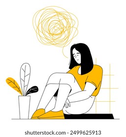 Stuck or trapped, metal problem, anxiety or depression, solitude or loneliness. Sad depressed woman with a ravel of problems in her mind. Mental health flat vector concept.