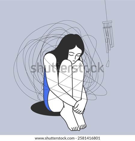 Stuck or trapped, metal problem, anxiety or depression, solitude or loneliness. Sad depressed woman with a ravel of problems in her mind. Mental health flat vector concept.