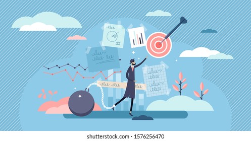 Stuck vector illustration. Business stagnation in flat tiny persons concept. Abstract scene with businessman symbolically tied up to chain ball. Company in lack of development and growth situation.