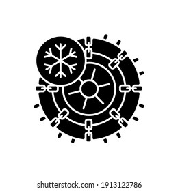 Studded tires and chains black glyph icon. Lifehack for auto owners in winter period. Moving on car while snow is falling. Silhouette symbol on white space. Vector isolated illustration