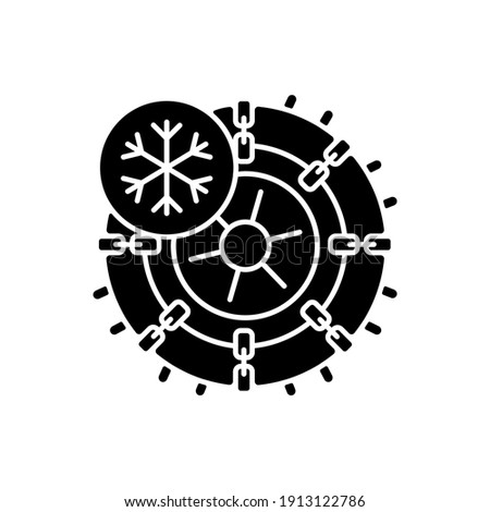 Studded tires and chains black glyph icon. Lifehack for auto owners in winter period. Moving on car while snow is falling. Silhouette symbol on white space. Vector isolated illustration