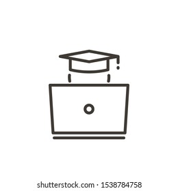 Studen with academic cap using laptop. Vector thin line icon illustration for concepts of knowledge, learning, studying, e-learning or web reading and surfing